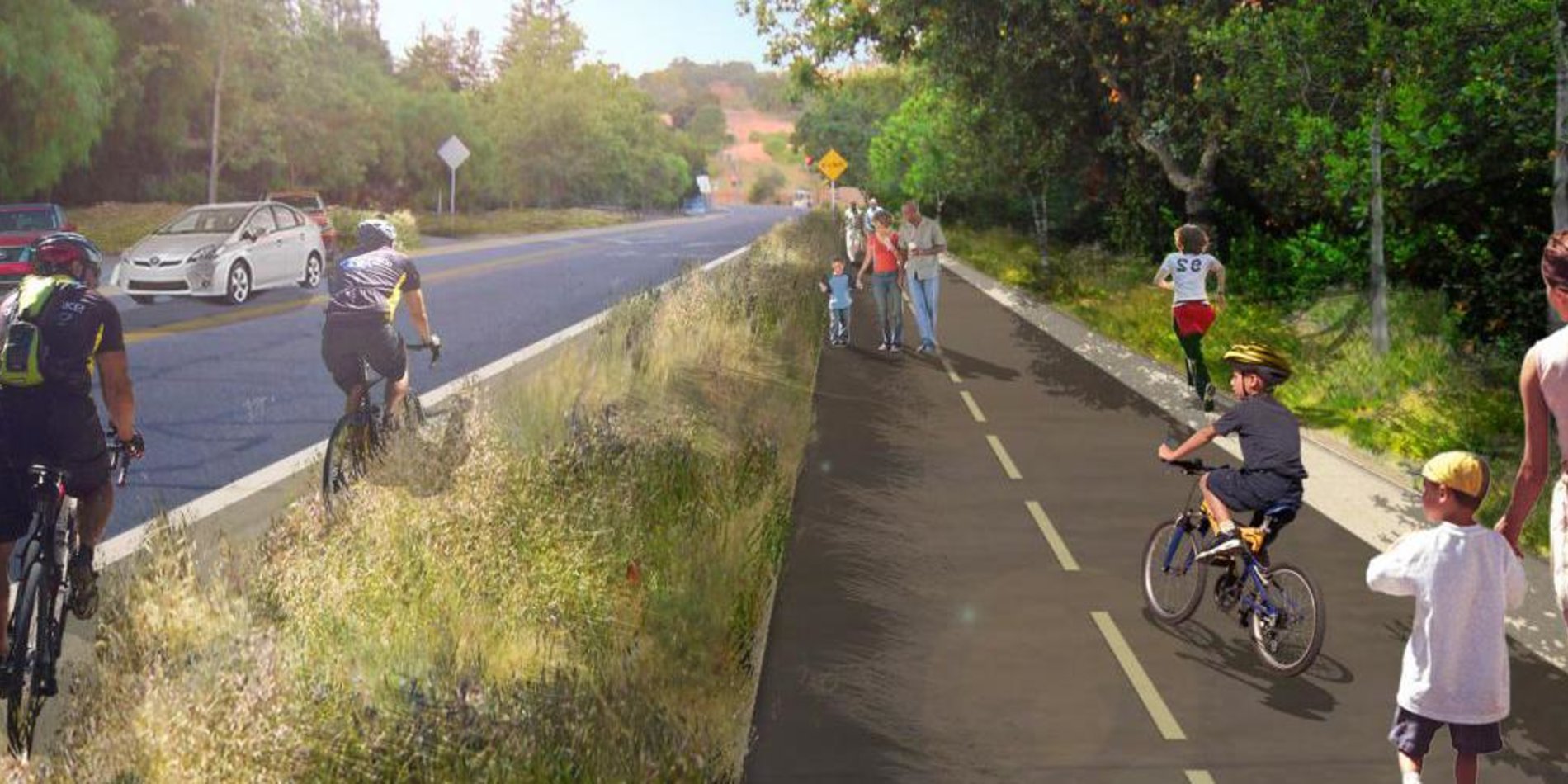 Rendering of the Stanford Perimeter Trail with bikers and pedestrians