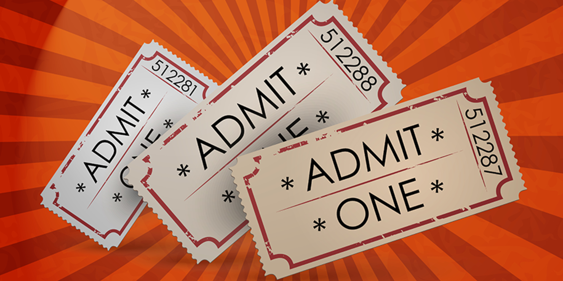 Vector image of three vintage "Admit One" tickets with orange background.