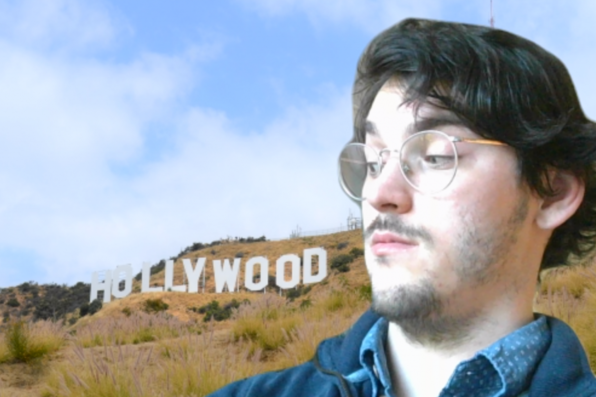 Andres Epifanio with virtual background of hollywood sign