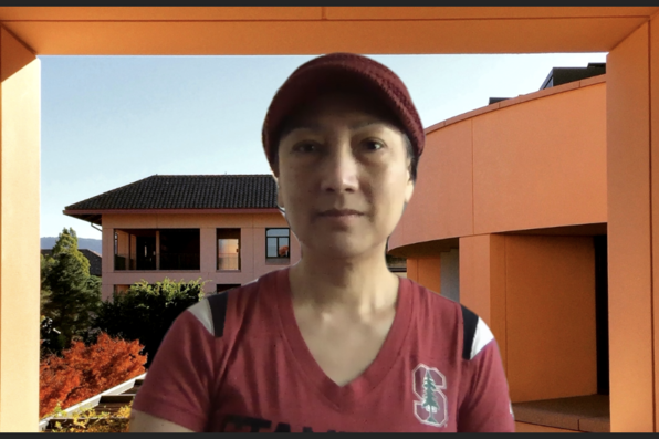 Frances Tomacruz with virtual background of GSB