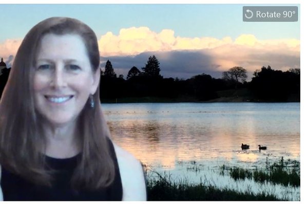 Janet Levy with virtual background of Lake Lagunita