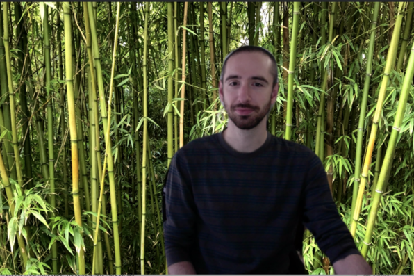 Jim Fabry with virtual background of a bamboo forest