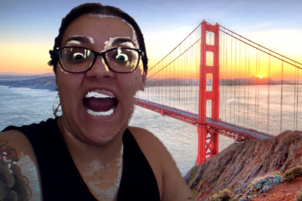 Kyoe Borges with virtual background of golden gate bridge