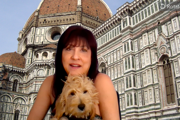 Maria Fraboni with a virtual background of building in Italy