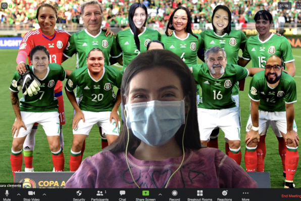 Sara Clemente with a virtual background of photoshopped soccer team