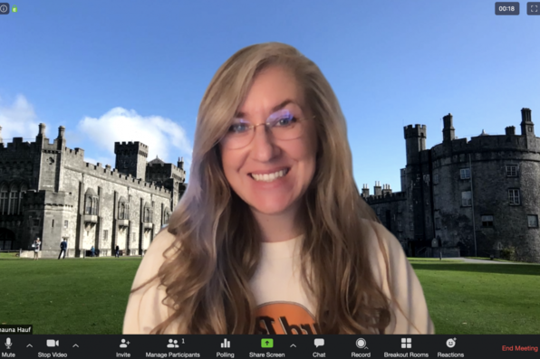 Shauna Hauf with a virtual background of Ireland castle