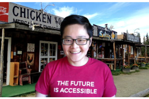 Shelley Hou with a virtual background of desolate Alaskan town