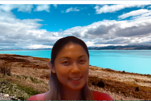 Steffie Marthassari with a virtual background of New Zealand