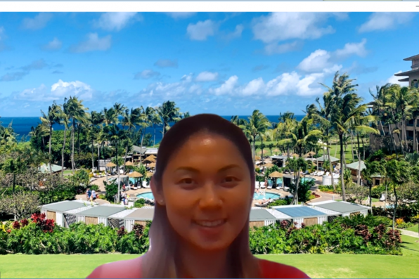 Steffie Marthassari with a virtual background of Hawaii
