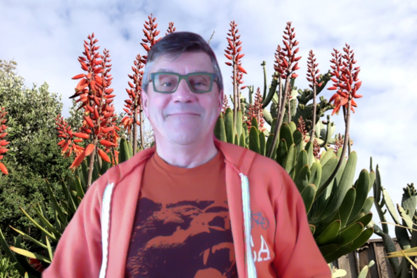 Stephen Shirreffs with a virtual background of a garden