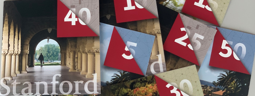Stanford logo with squares that have different years written on them (40, 10, 5, 25, 50)